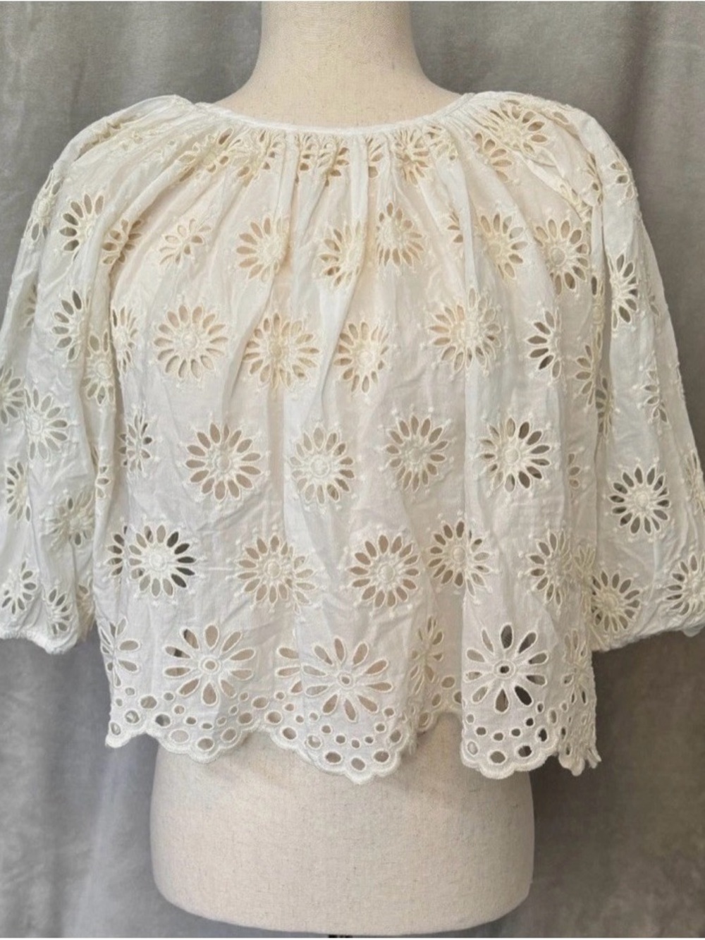 Madewell Embroidered Shirt Shirred Puff Sleeve Eyelet Cream NV195 Sz MEDIUM NWT